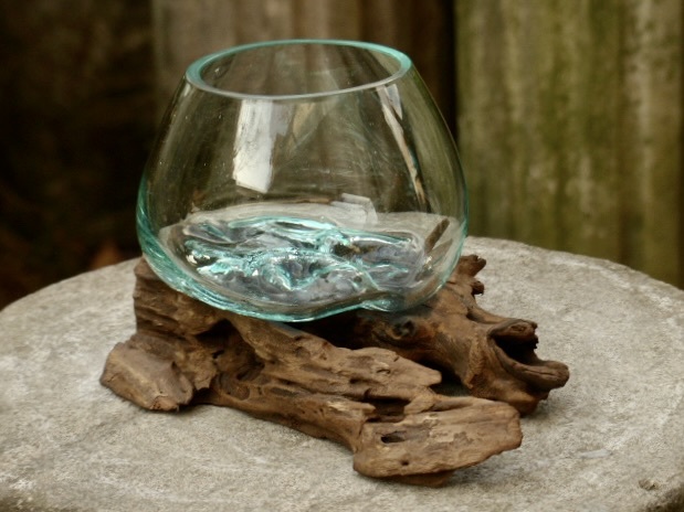吹きガラスの花瓶+流木台座 h14cm アクアリウム水槽 テラリウム ガラスオブジェ メダカ鉢　玄関飾り 0404b