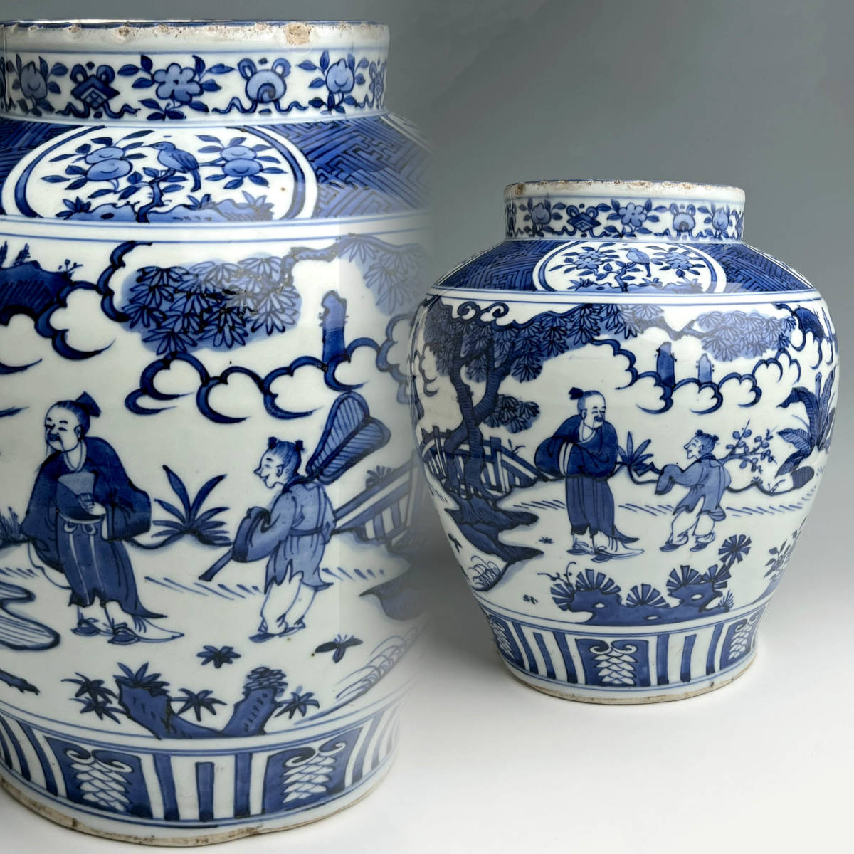 A133 青花 人物紋大罐 壺 明時代 景徳鎮 唐物 中国古玩 中国美術 旧家 