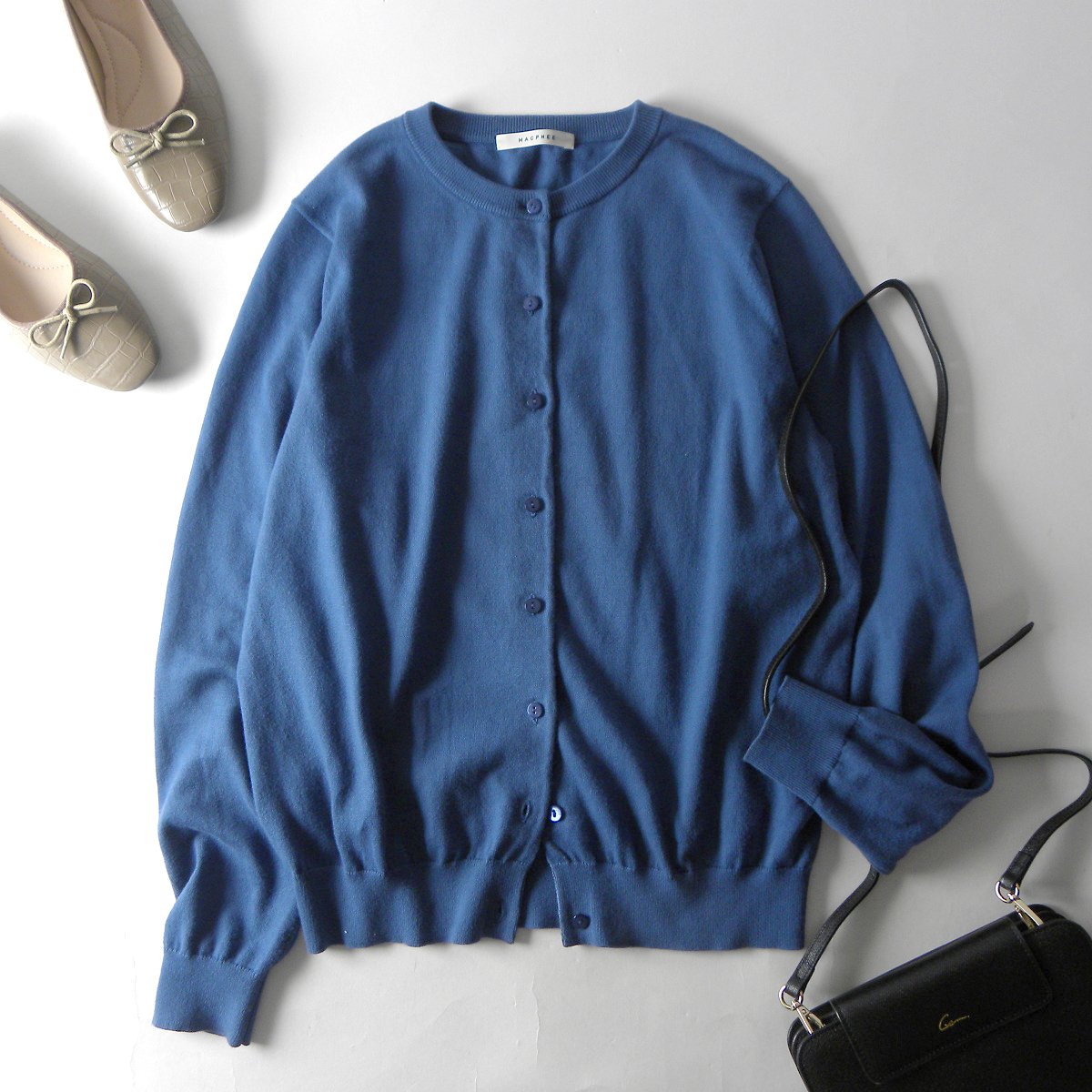 マカフィー MACPHEE ベーシックなデザインで着回しやすい クルーネックコットンニットカーディガン 手洗い可 トゥモローランド l0404-5