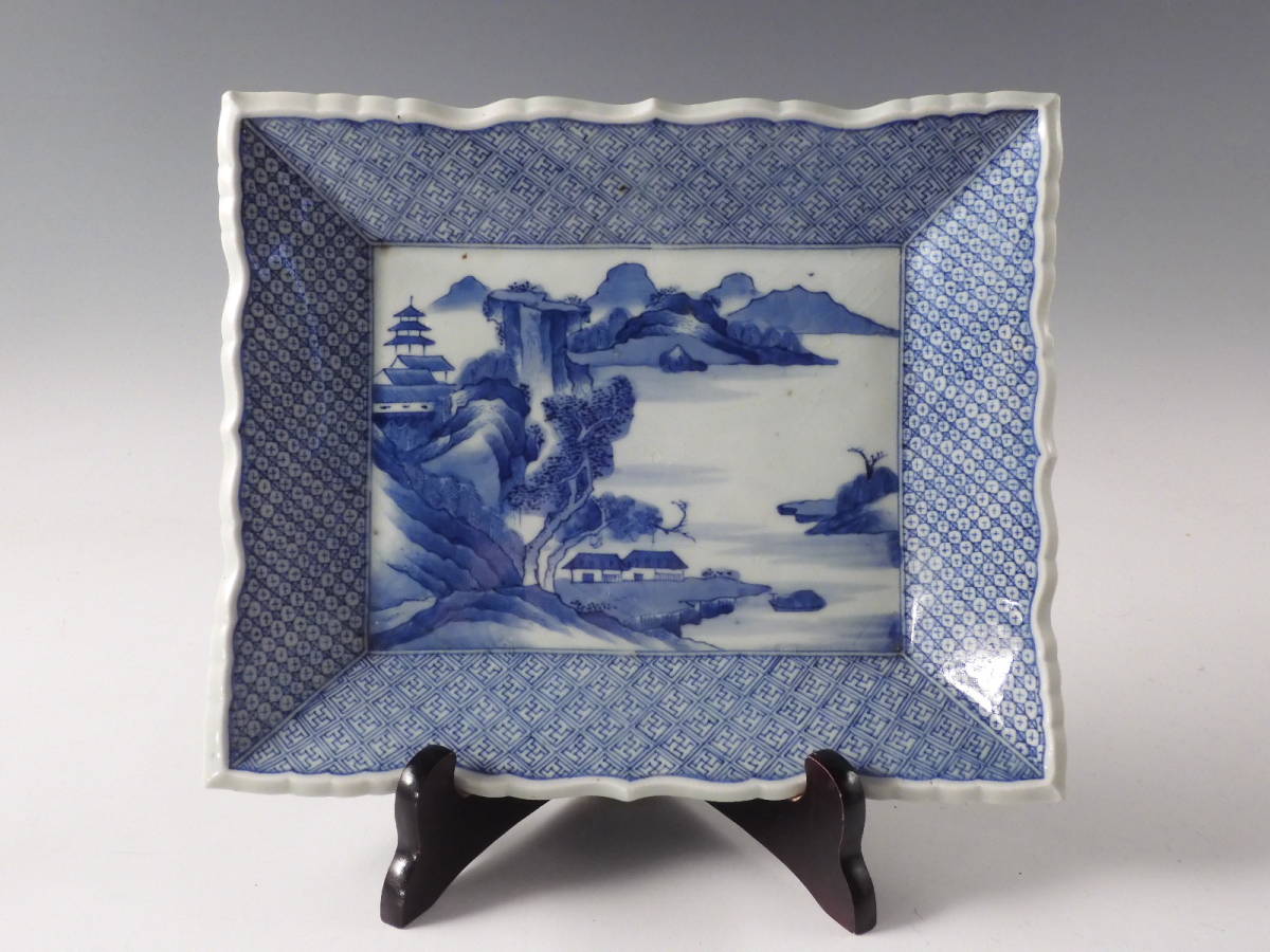 後期鍋島　江戸後期　染付楼閣山水図四方皿　共箱　緻密な絵付け　古美術　蒐集家旧蔵 ☆栄☆古伊万里 染付 楼閣山水図 四方 飾皿 28.5cm 江戸