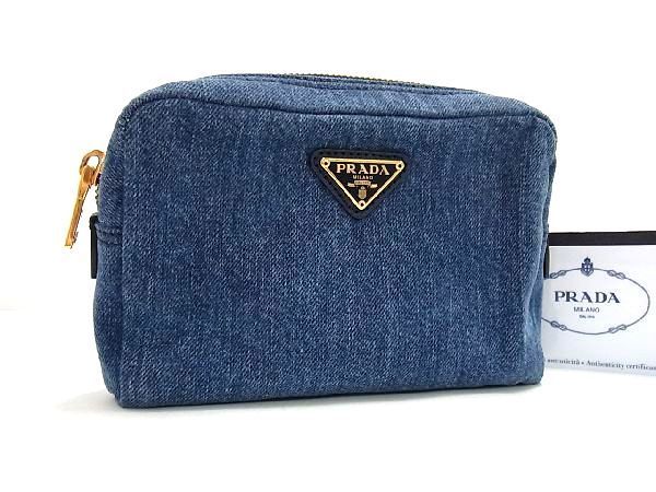 1円 ■極美品■ PRADA プラダ 1NA021 デニム アクセサリーポーチ コスメポーチ マルチケース 化粧ポーチ レディース ブルー系 AJ5982ナオ