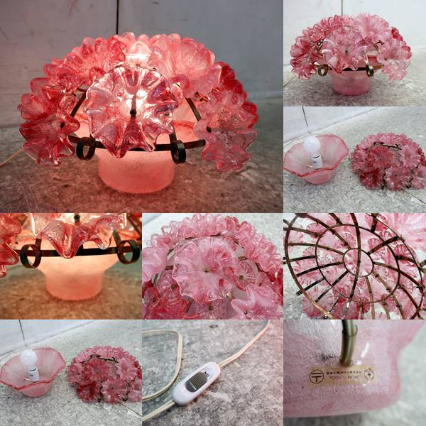 昭和レトロ岩田工芸ガラス電気スタンドピンク花束アンティーク