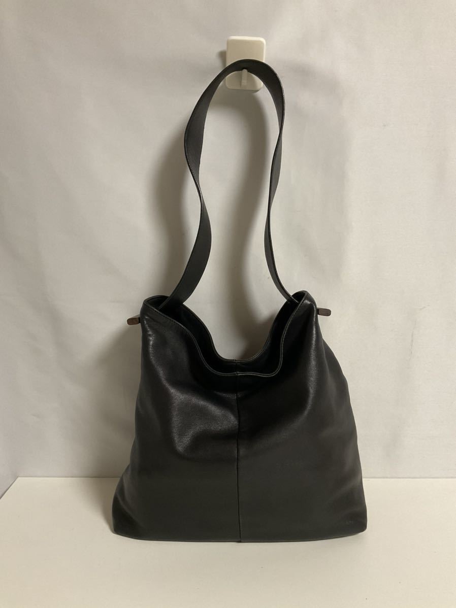 営SA387-80◇ LOEWE ロエベ ブラック レザー ウッドロゴ 肩掛け ワン 