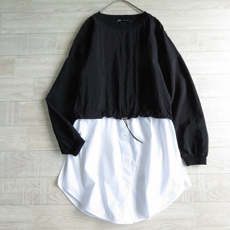 ZARA ザラ★シャカシャカ異素材ドッキング ウエストゴム紐 ドルマンスリーブ プルオーバーチュニック size XS 大きめサイズ