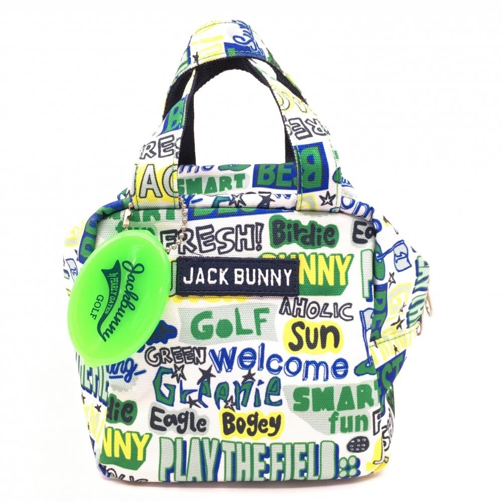 【超美品】ジャックバニー カートバッグ 白×イエロー×ブルー 総柄 内ポケット・チャーム付ゴルフ Jack Bunny