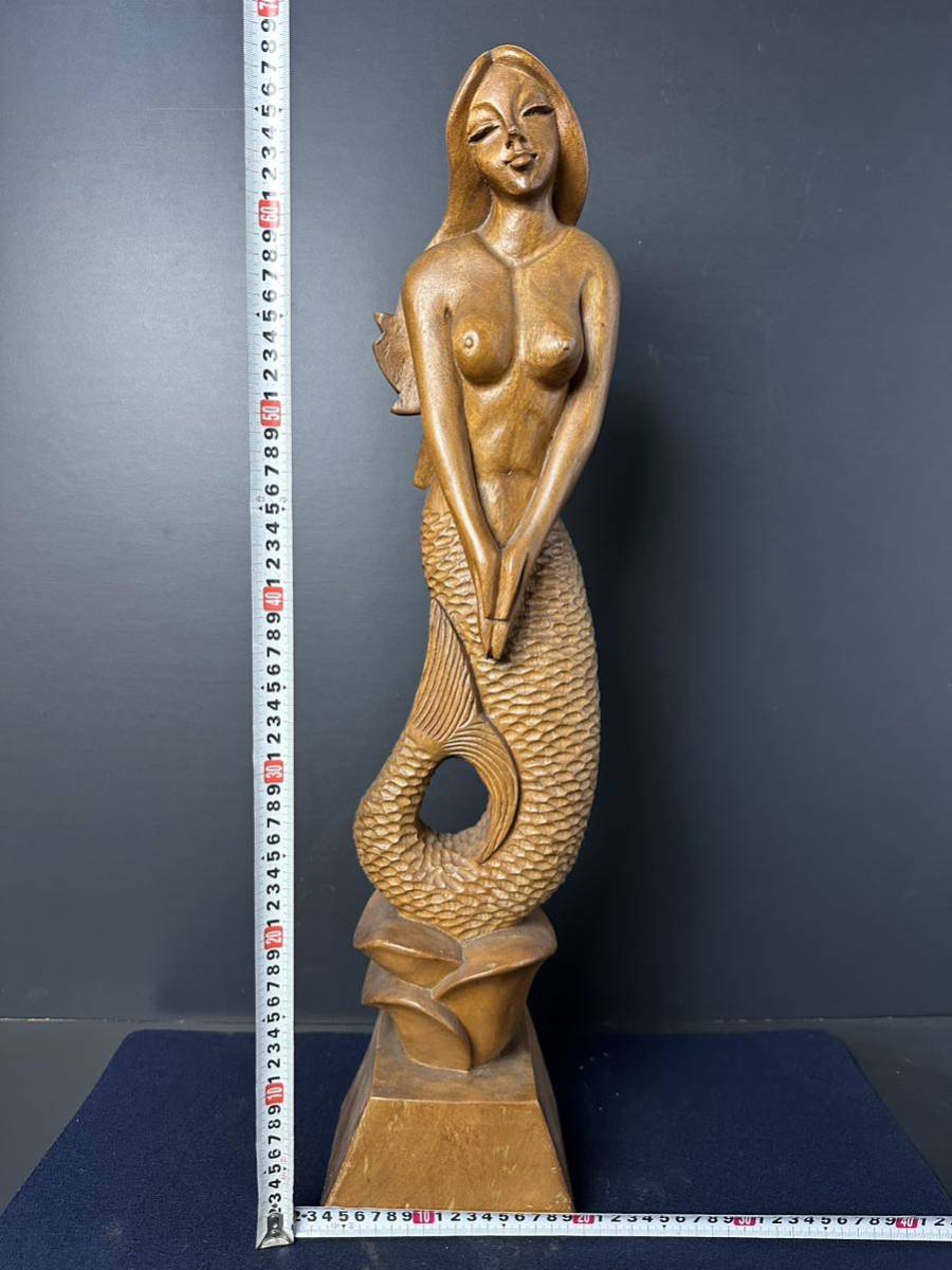 木彫りのマーメイド像　裸婦像　アジアンテイスト　オブジェ　置物　大きめ HG942] 木彫 人魚 彫刻 オブジェ 置物 裸婦 マーメイド(オブジェ