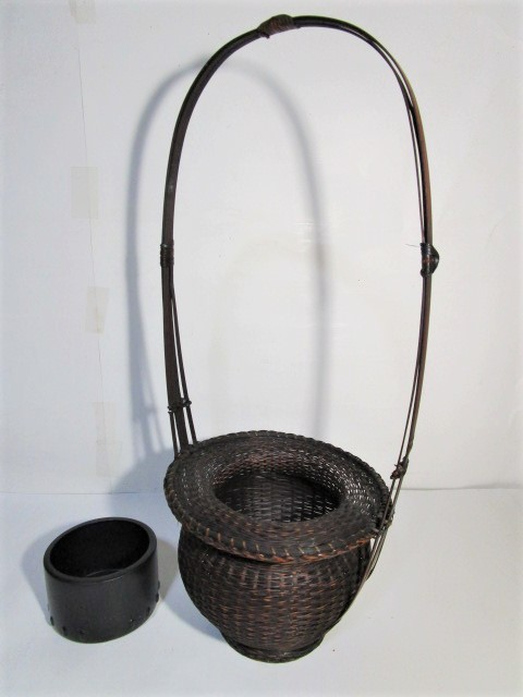 アンティーク] 泉州斎作 取手付き竹籠 花籠 茶道具/華道具