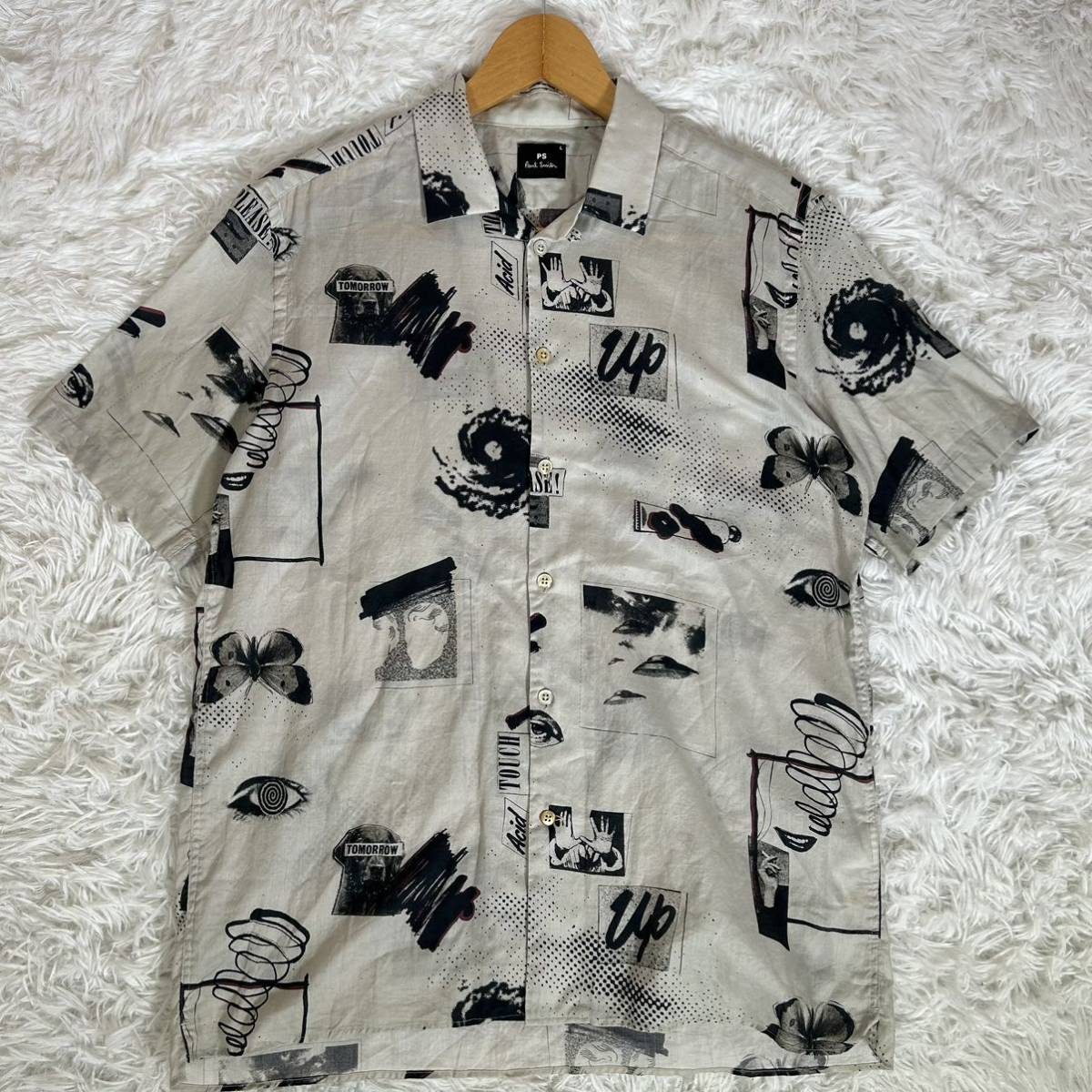 PS Paul Smith ポールスミス オープンカラーシャツ 半袖 総柄 ライトグレー Lサイズ メンズ コットン100% 薄手 カジュアル