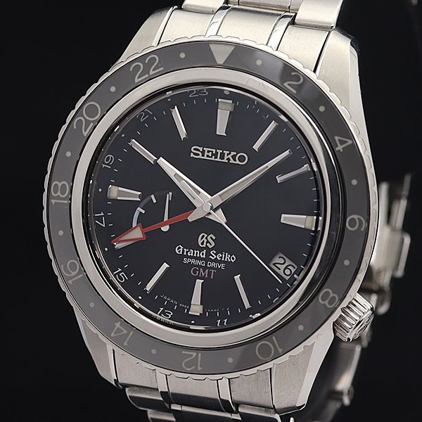 1円 稼働 良品 箱/保付 セイコー AT/自動巻 SBGE001 グランドセイコー スプリングドライブ GMT デイト 黒文字盤 メンズ腕時計 5267130STU