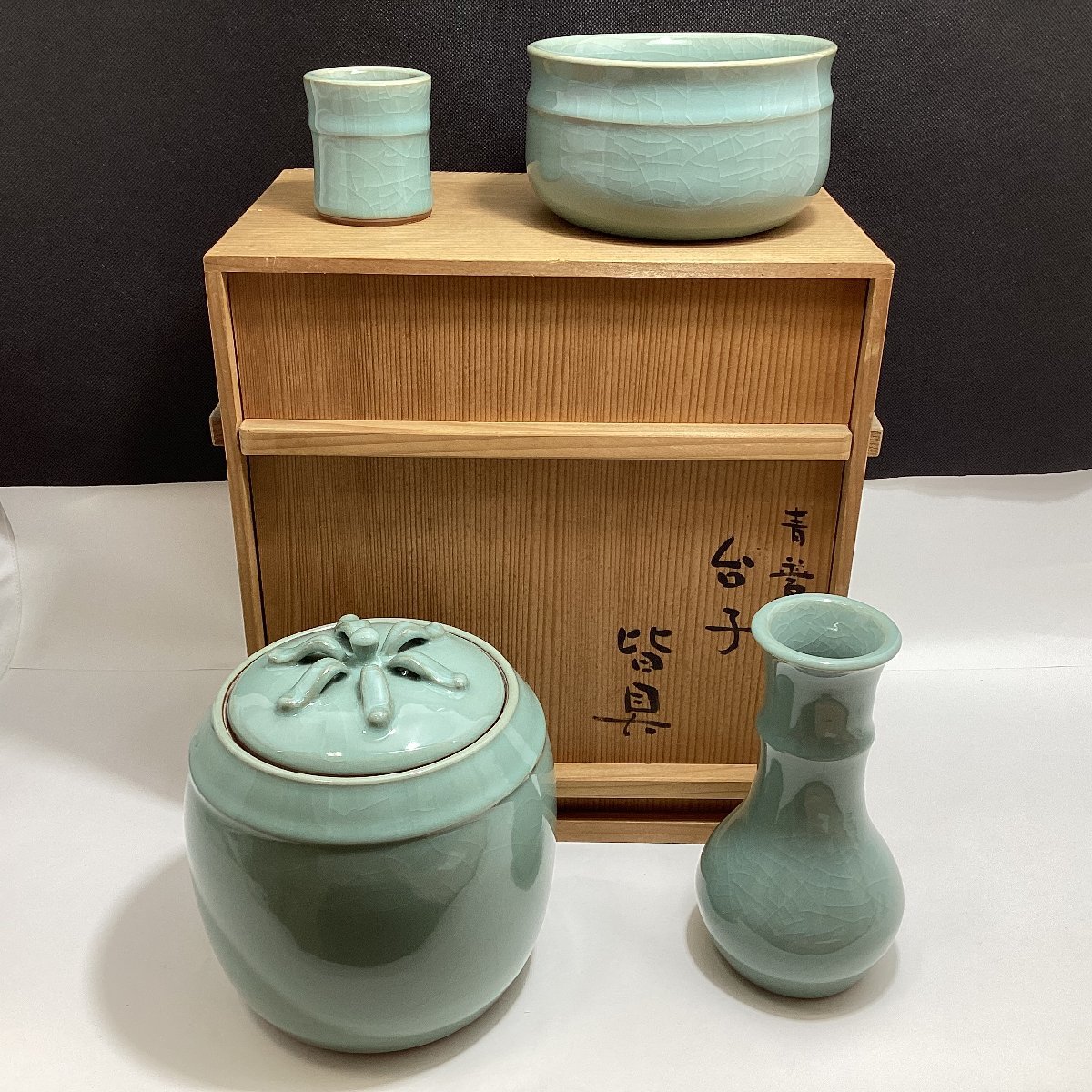 茶道具 青磁 手塚央 台子 皆具 セット 水差 建水 杓立 蓋置 共箱付