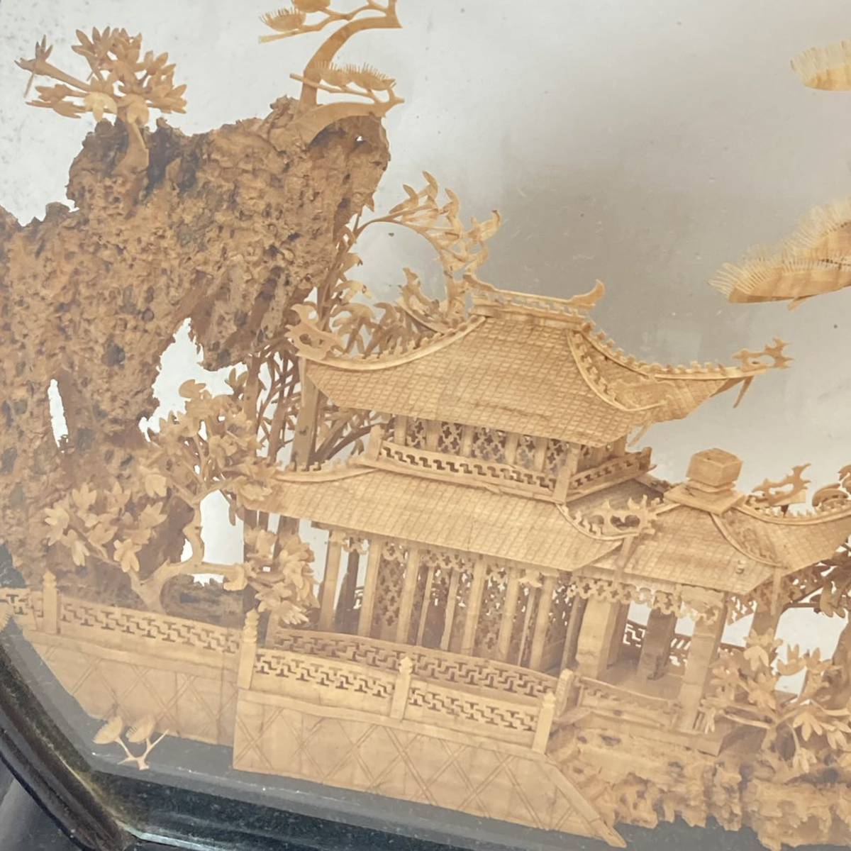 中国 工芸品 コルク 彫刻 置物 インテリア 楼閣 鶴 中国美術 オブジェ 