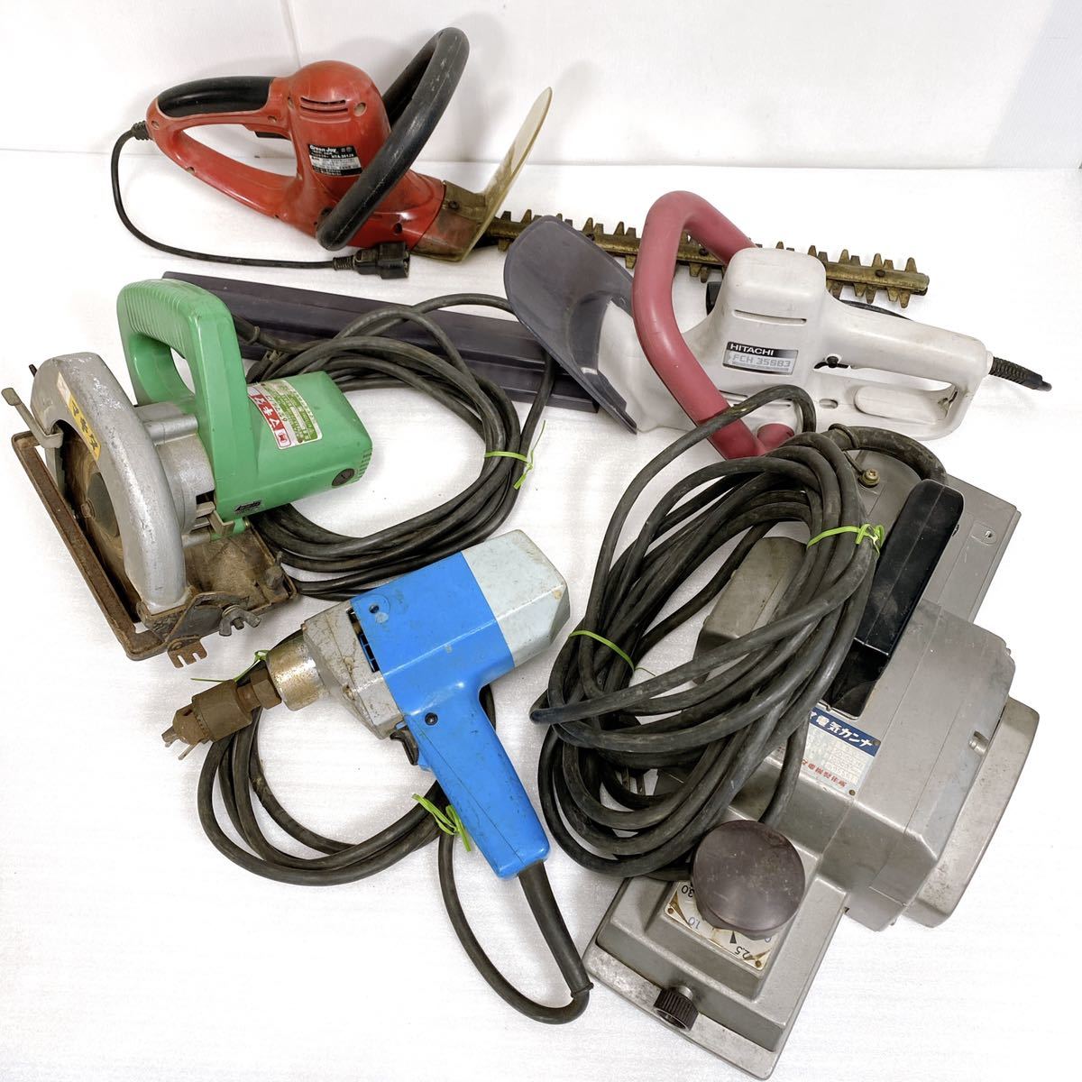電動工具 5点セット まとめ 電気カンナ 丸のこ 電気ドリル ヘッジトリマー makita HITACHI キンボシ 大工道具 DIY【通電確認済/現状品】