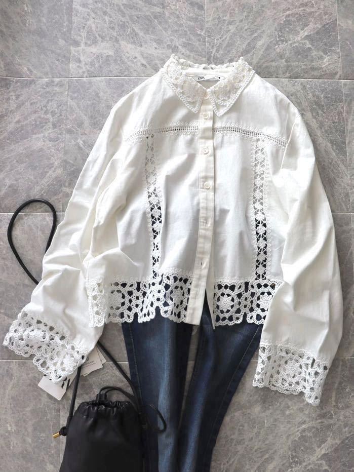 ZARA ザラ 大人可愛い レース コントラスト ブラウス シャツ オフホワイト エンブロイダリー クロシェ 刺繍 トップス 長袖 春 Mサイズ