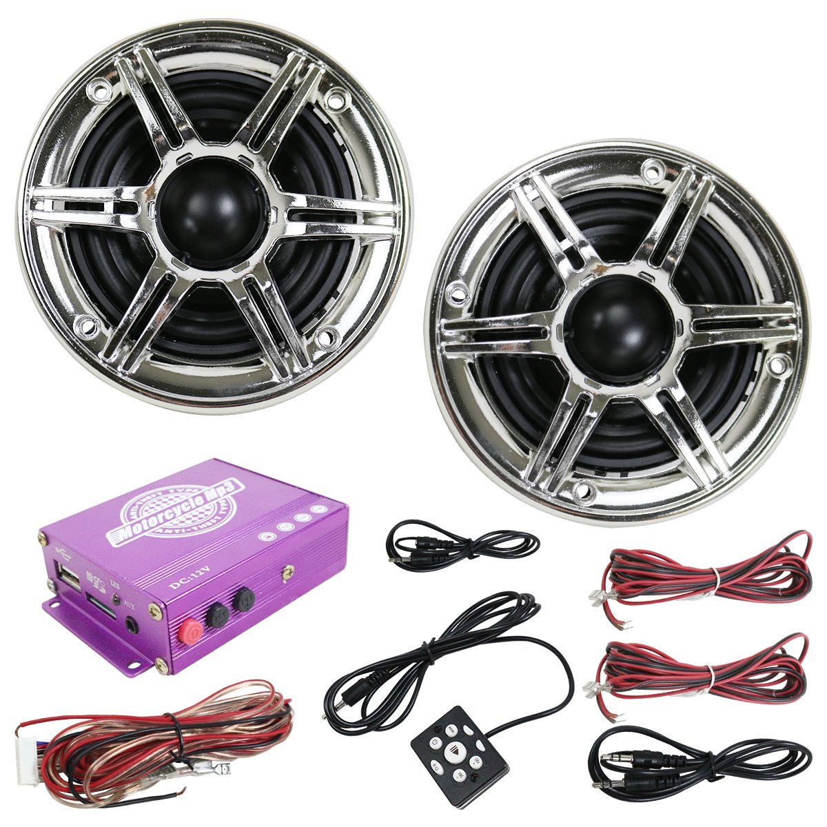 バイク用オーディオキット 12V スピーカー&アンプセット 2個 リモコン付 ブラック/黒 88dB/W 4 イヤホンジャック 2スピーカー