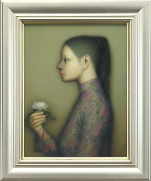 「真作」岩織治【雅麗】 　油絵　美人画　絵画　人物画　油彩画　F3号　サイン有 真作】【WISH】岩織治「花一輪」油彩 6号 証明シール ◇幻想的美人 〇