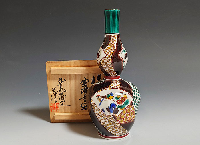 ☆古街☆81 九谷焼 山口義博 作 色絵扇面花鳥文瓢徳利 共
