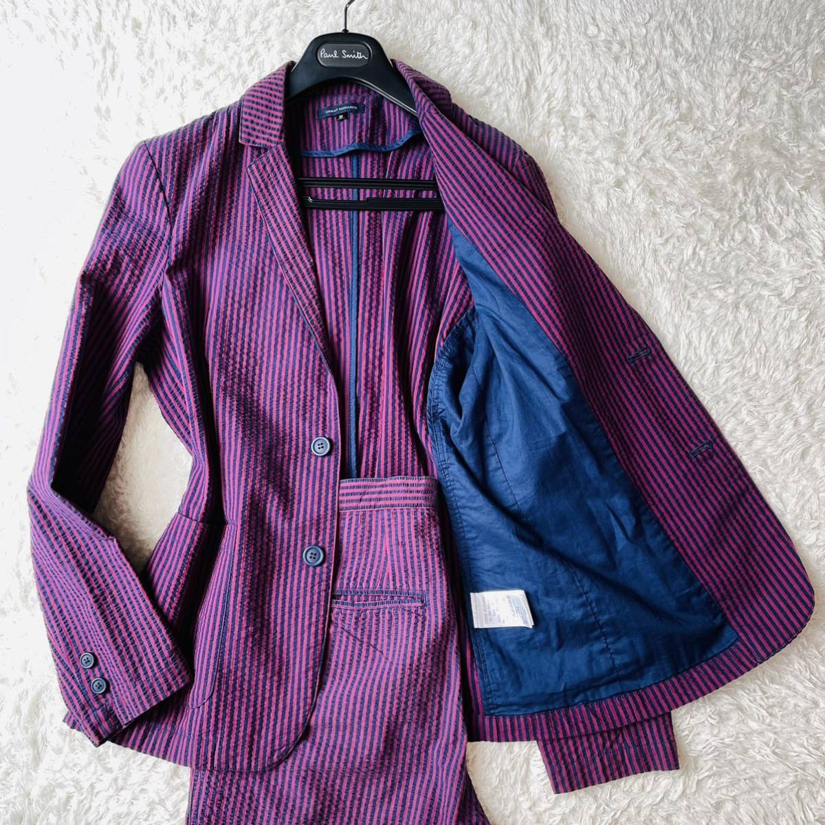 希少！アーバンリサーチ セットアップ 『夏の装い』テーラードジャケット 短パン Ｍサイズ シアサッカー ストライプ 赤 青 レッド ブルー