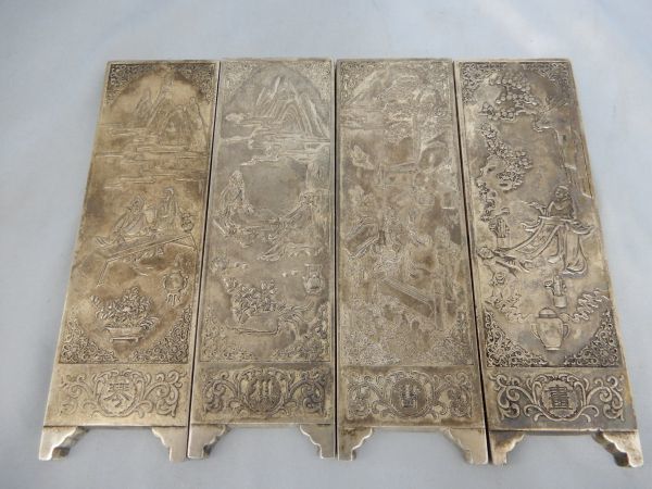 ☆中国骨董☆琴棋書画 文鎮？ 用途不明 4個 合計約971g 足銀刻印有