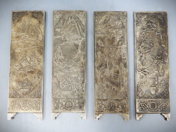 ☆中国骨董☆琴棋書画 文鎮？ 用途不明 4個 合計約971g 足銀刻印有