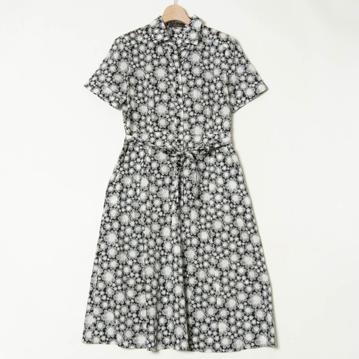 【1円スタート】メール便○ Leilian レリアン 半袖ミディ丈ワンピース 総柄 コットン100％ 上品 フェミニン クラシカル 春夏 黒系 9 日本製