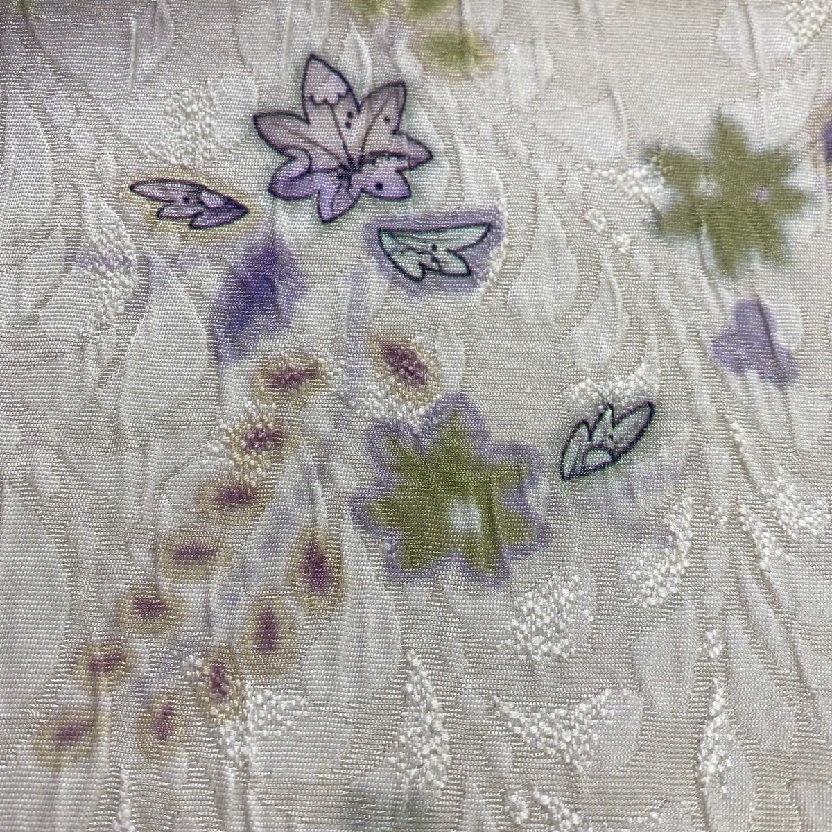 袋帯 美品 名品 草花 道長取り 銀糸 灰紫 お太鼓柄 正絹 【中古