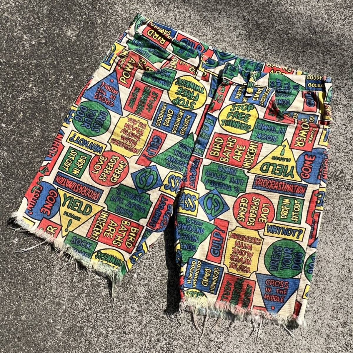サイズ大きめ60s総柄カットオフショートパンツ ■ヒッピー モンスター柄PETER MAX USA製70s 80sビンテージ ヴィンテージ サイケデリック柄