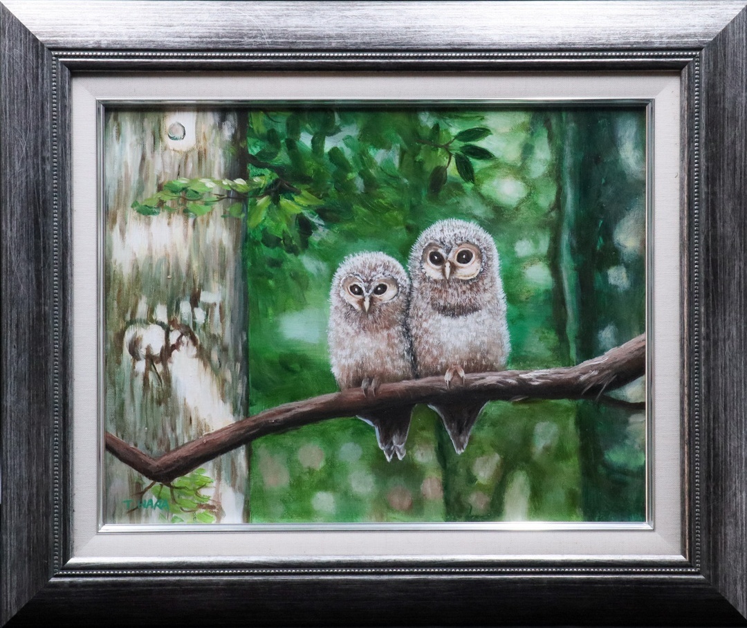 【宙】真作保証 原隆志「ふくろう」油彩 F6号 サイン裏書有 額装 仏パリアカデミーボガール留学 鳥の絵画コンクール入賞 4D37.j.E