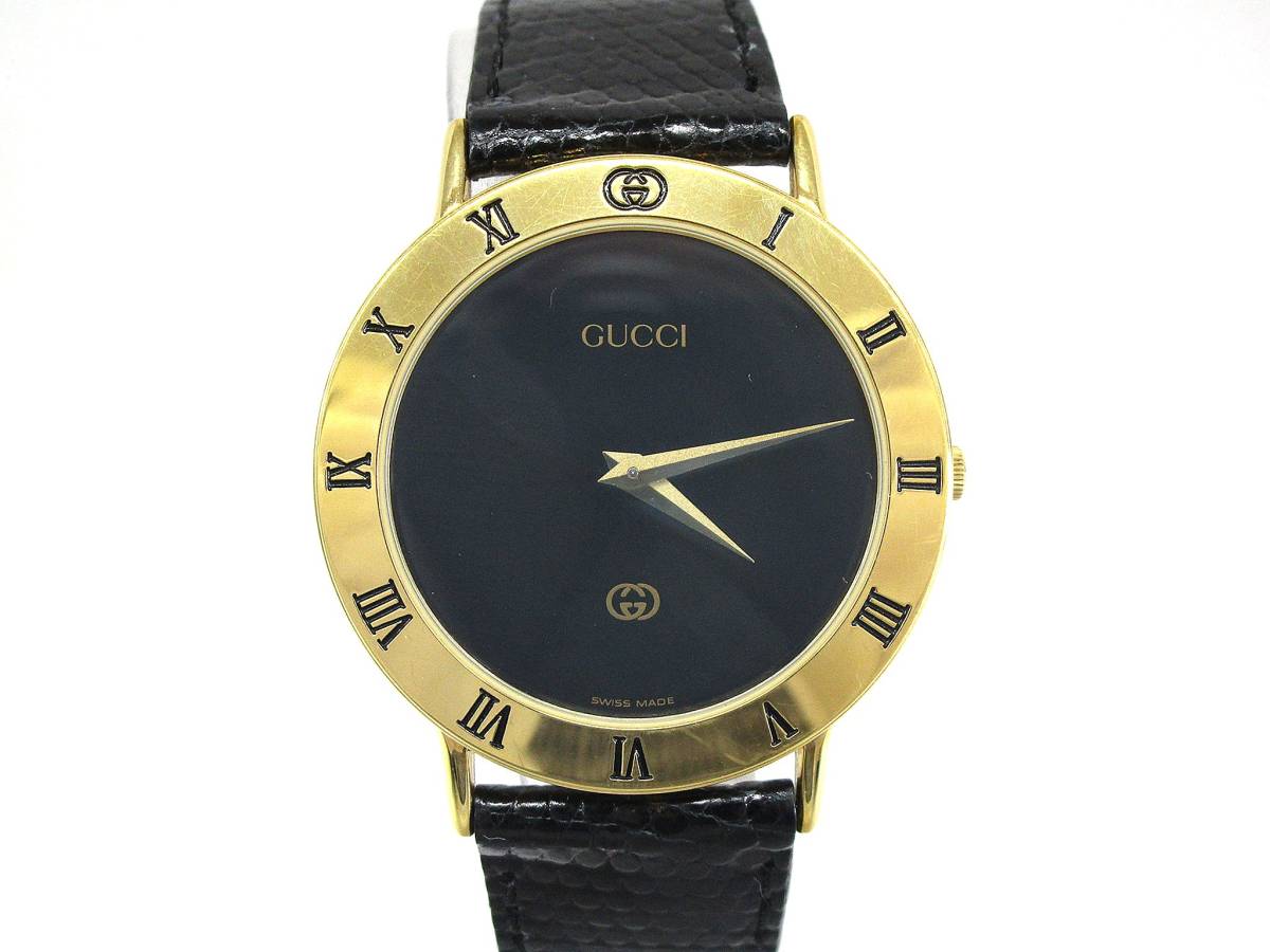 1円〜 グッチ QZ 3000M 黒文字盤 ローマンベゼル ラウンド /中古腕時計 