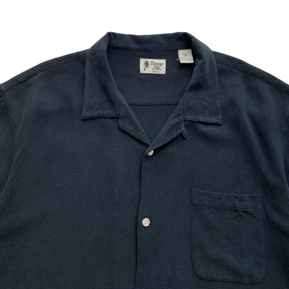黒 無地 Vintage Silk シルク100% オープンカラーシャツ 表記XXL ブラック 開襟 半袖 ボックス ビンテージ ビッグシルエット 90's