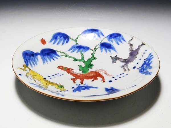 桃】清朝期色絵樹下群馬図皿 五客 アンティーク、コレクション 陶芸
