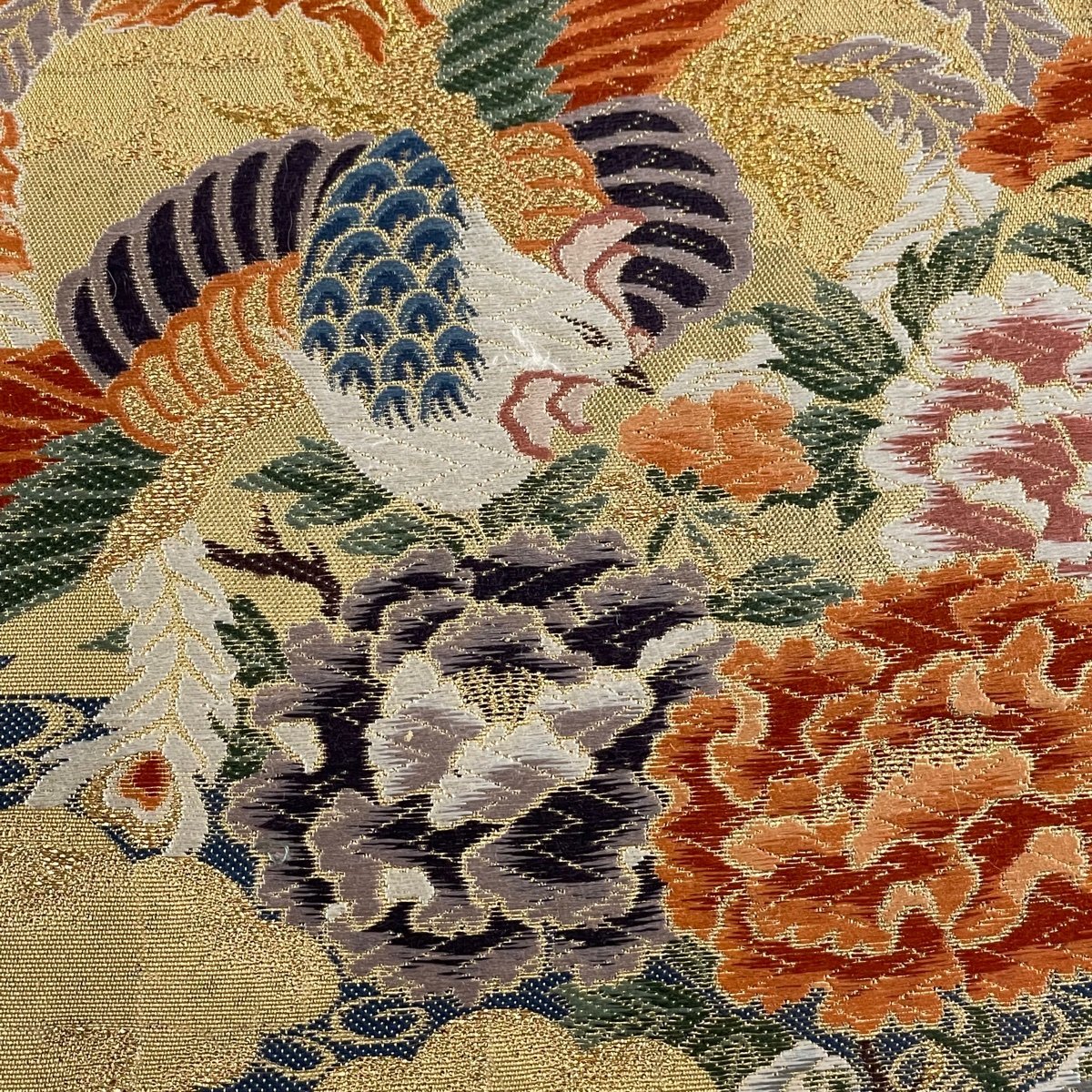 袋帯 箔 六通 秀品 正絹 美品 中古 唐織 尾長鳥 金色 鳥 華文