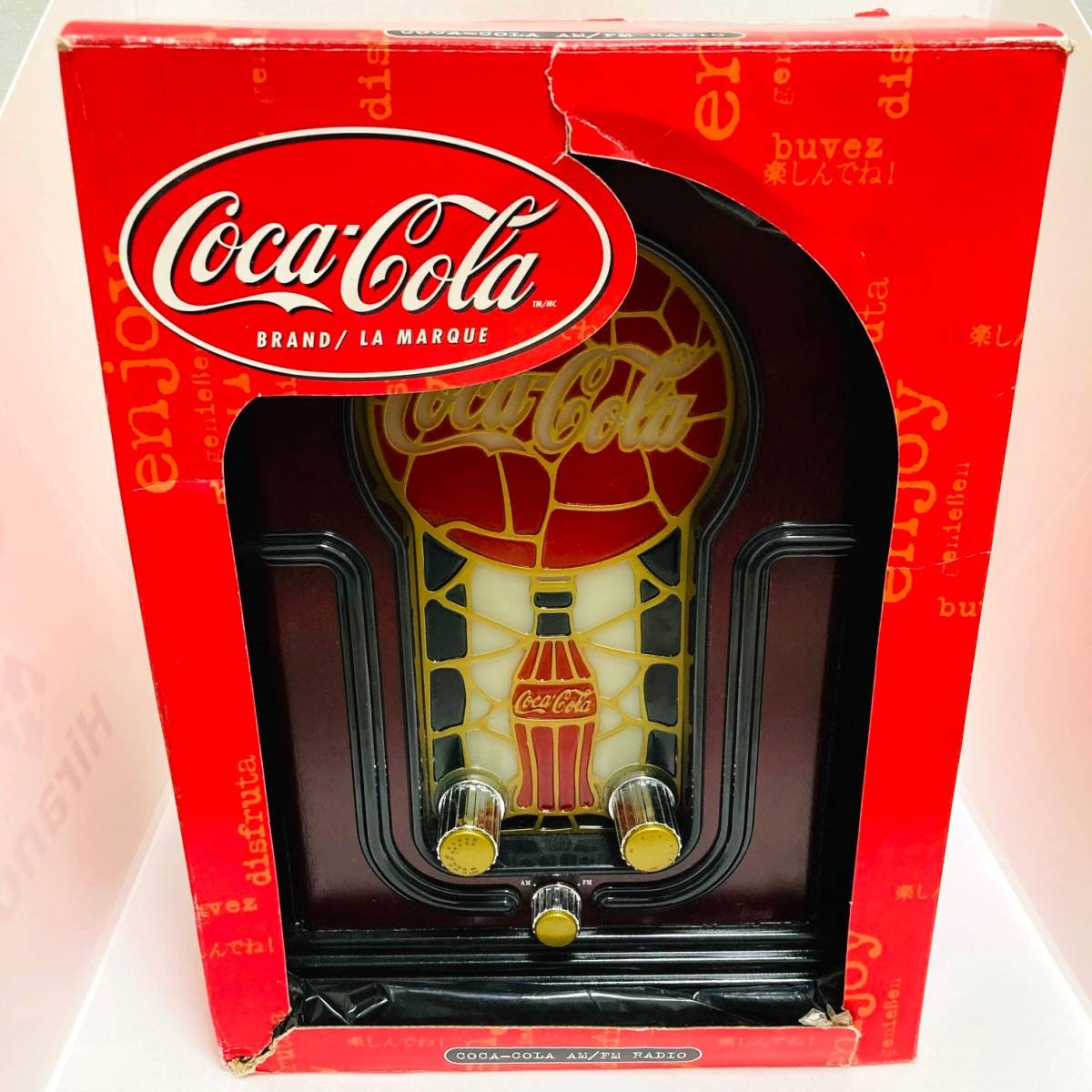送料無料★レア【コカコーラ ステンドグラス調 ライトアップ ラジオAM/FM 2001 箱付 動作確認済】木製 ビンテージ レトロ アンティーク USA