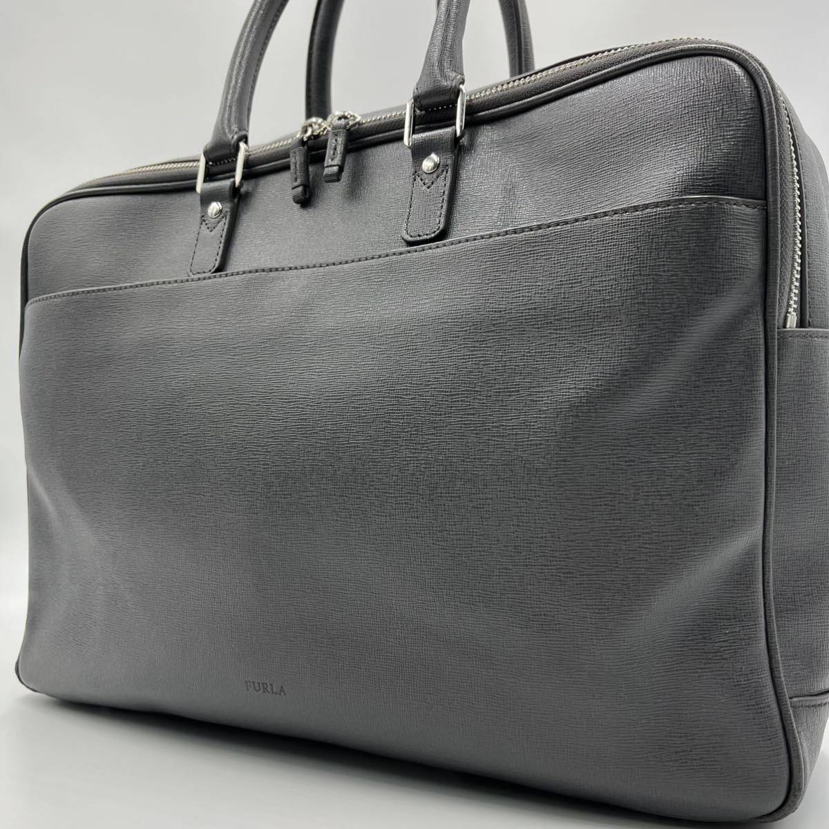 1円 FURLA フルラ メンズ ビジネスバッグ ブリーフケース 2室 A4収納可能 PC 手提げかばん 鞄 書類 書籍 通勤 通学 レザー 本革 グレー系