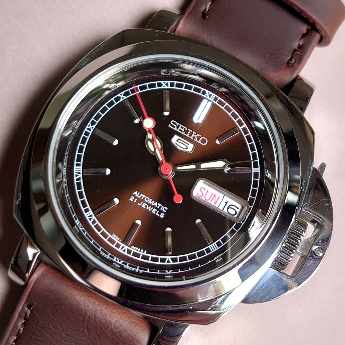 ☆SEIKO5希少ブラウン文字盤/7S26改NH36換装/裏蓋スケルトン/40mm 