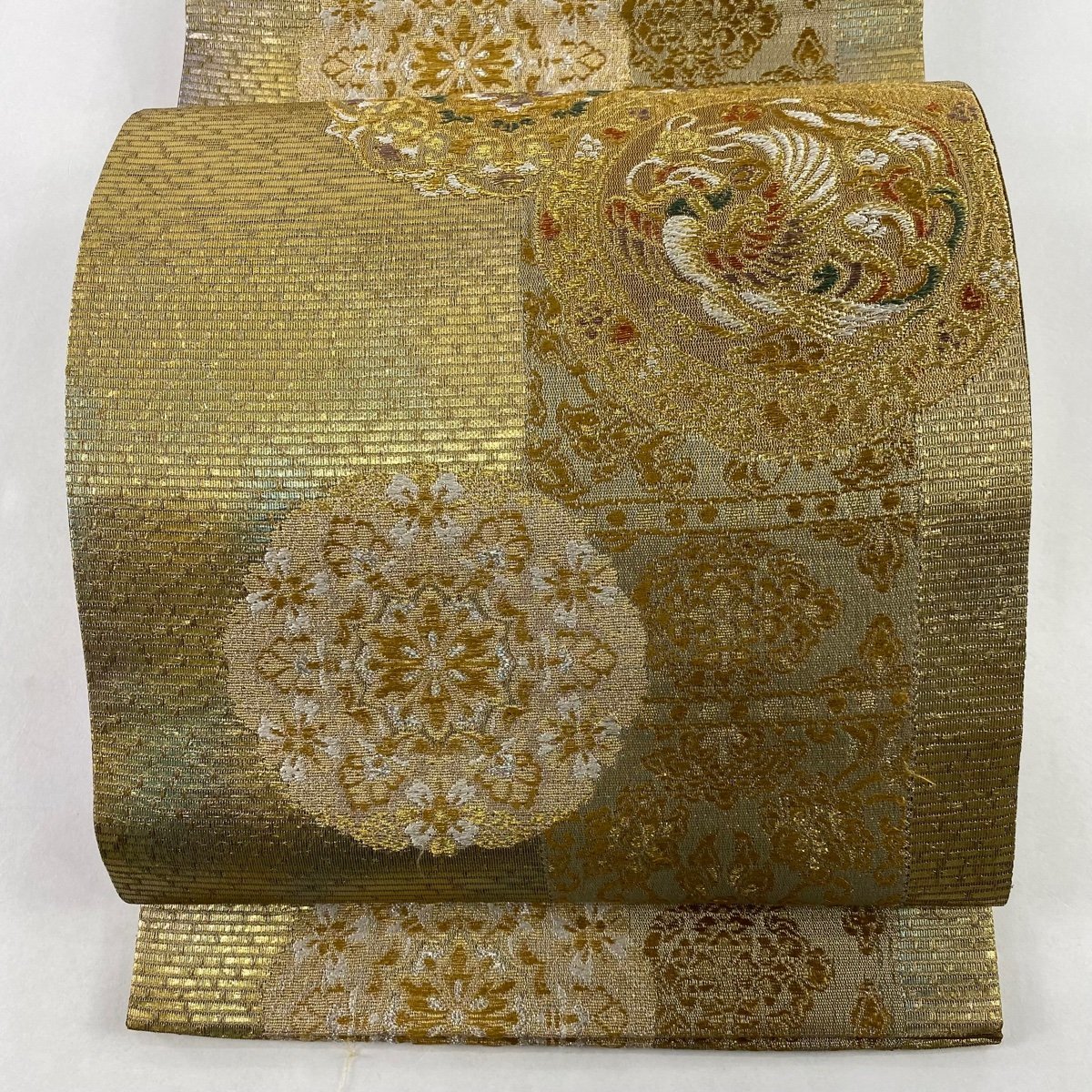 袋帯 美品 秀品 献上正倉院鳳凰文 華文 金銀糸 刺繍 金色 六通 正絹 