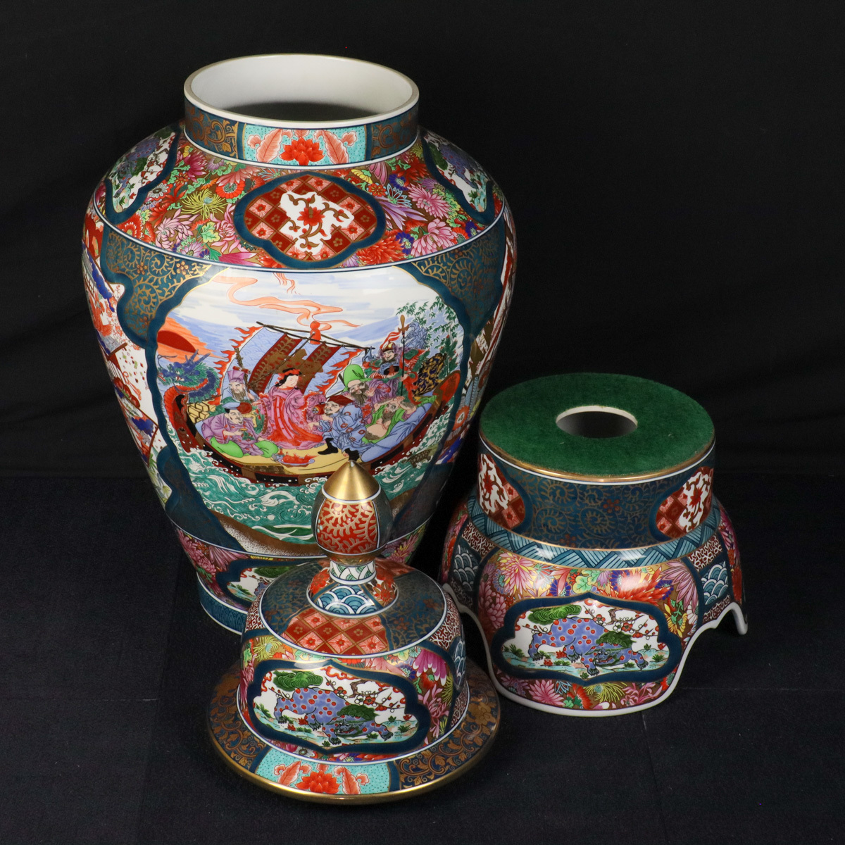 宙 伝統工芸 有田焼 勝右衛門作 花鳥紋七福神図沈香壺 50cm 木札付