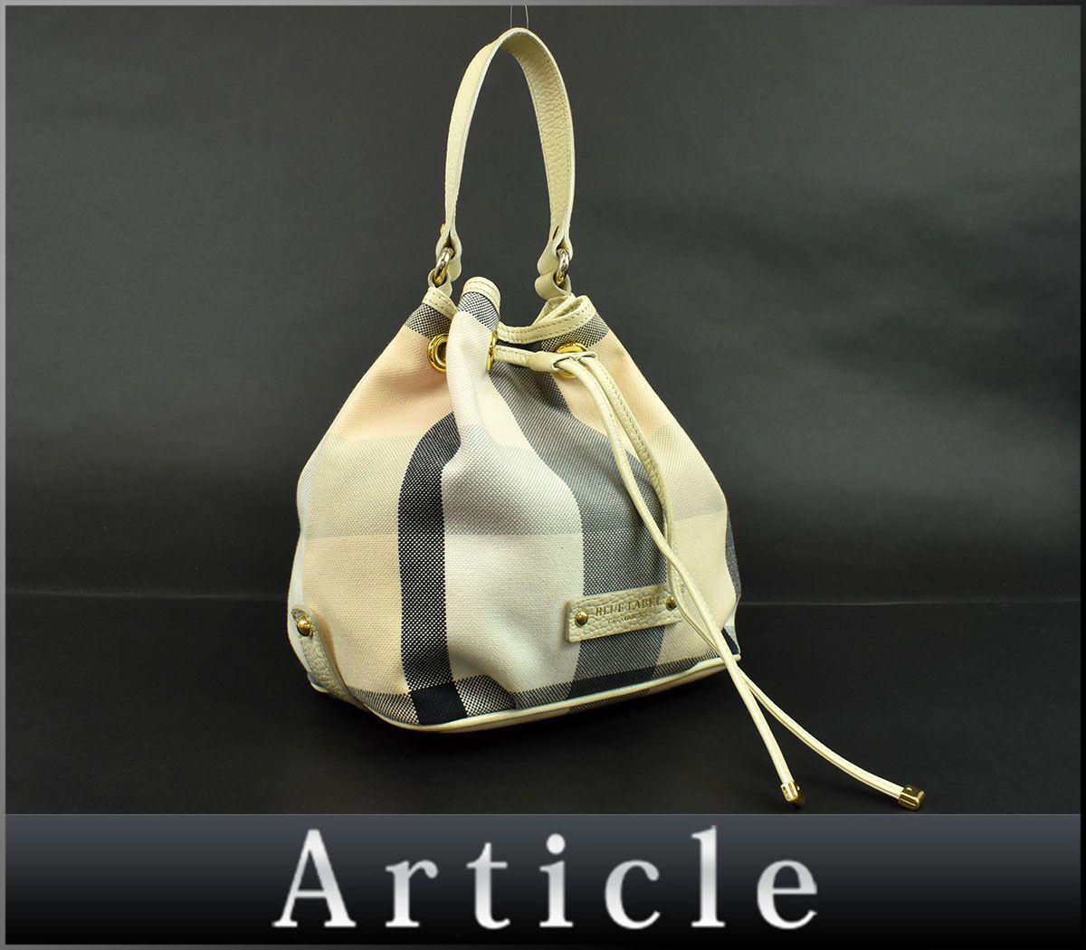 147389◆ BURBERRY バーバリー ブルーレーベル チェック柄 ショルダーバッグ キャンバス レザー アイボリー ピンク 巾着型 レディース/ B