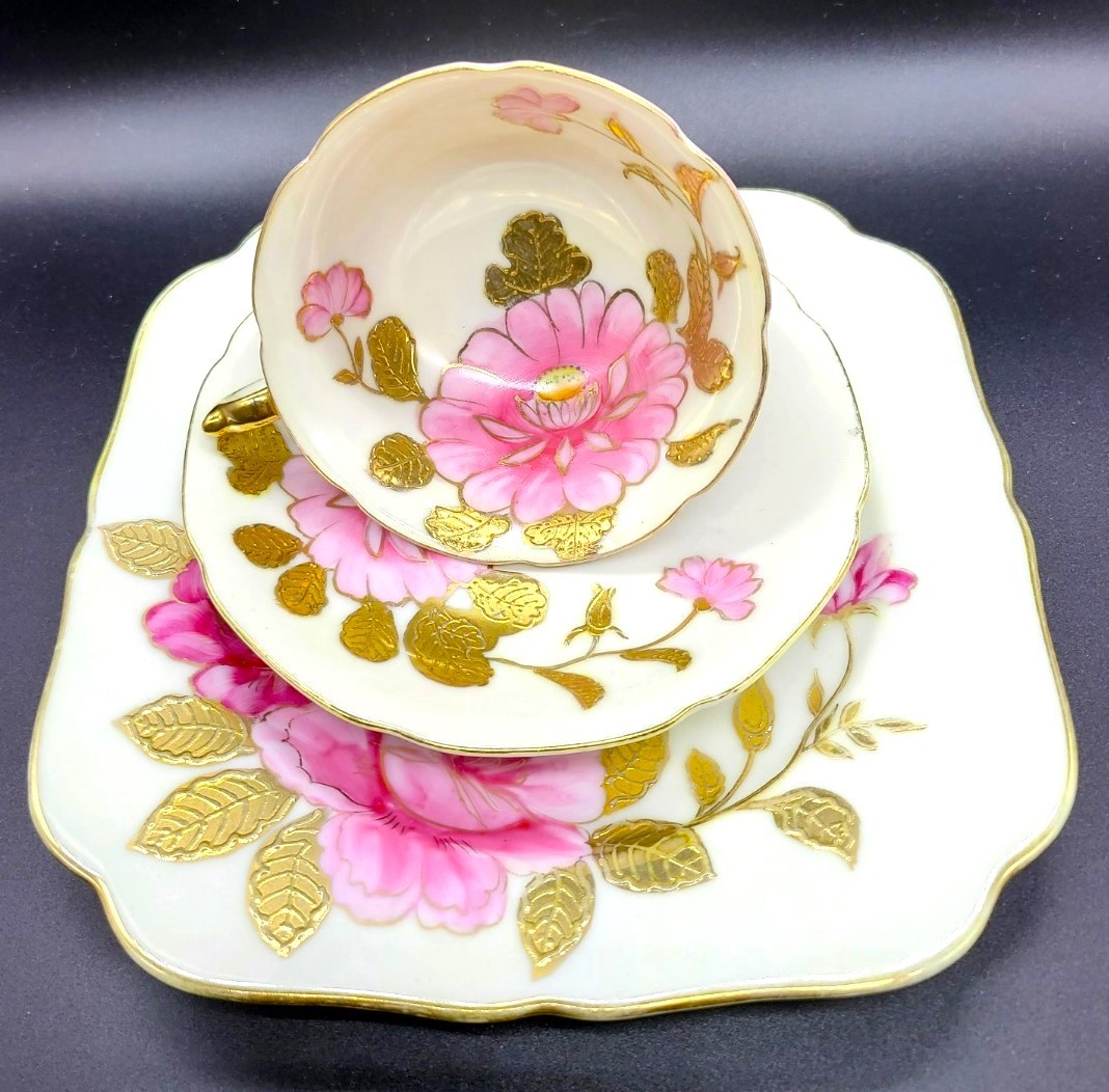 86 オールドニッポン オキュパイド 日本占領下 金彩 ピンク 花 カップソーサー キャビネット トリオ