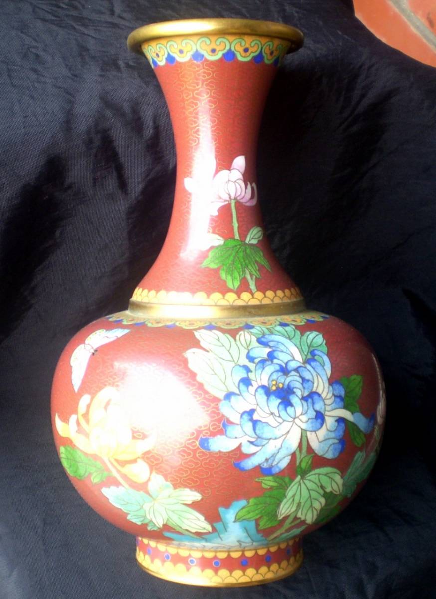 JINGFA ジンファ 中国七宝 中国美術 七宝焼き 蝶・青い菊図 花瓶/花