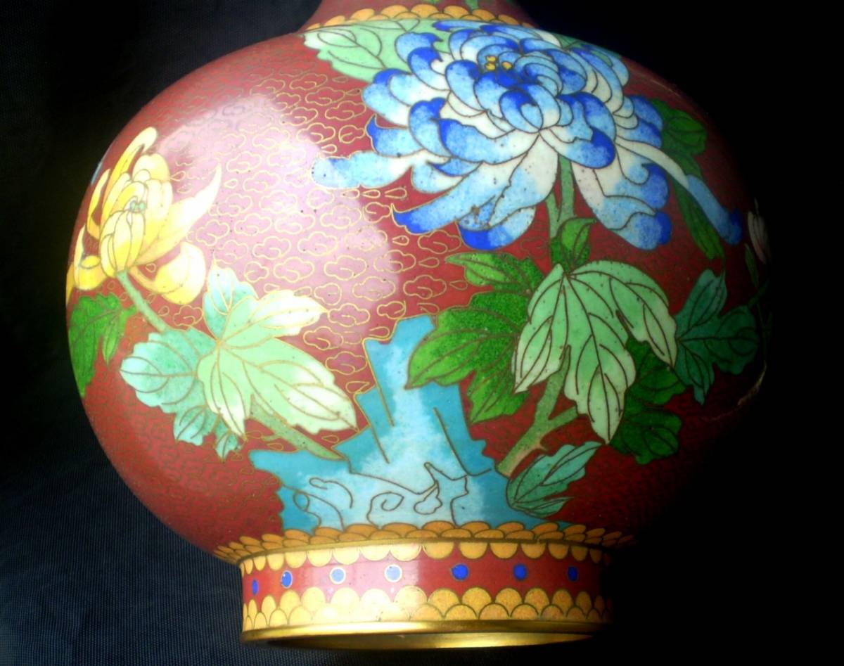 JINGFA ジンファ 中国七宝 中国美術 七宝焼き 蝶・青い菊図 花瓶/花