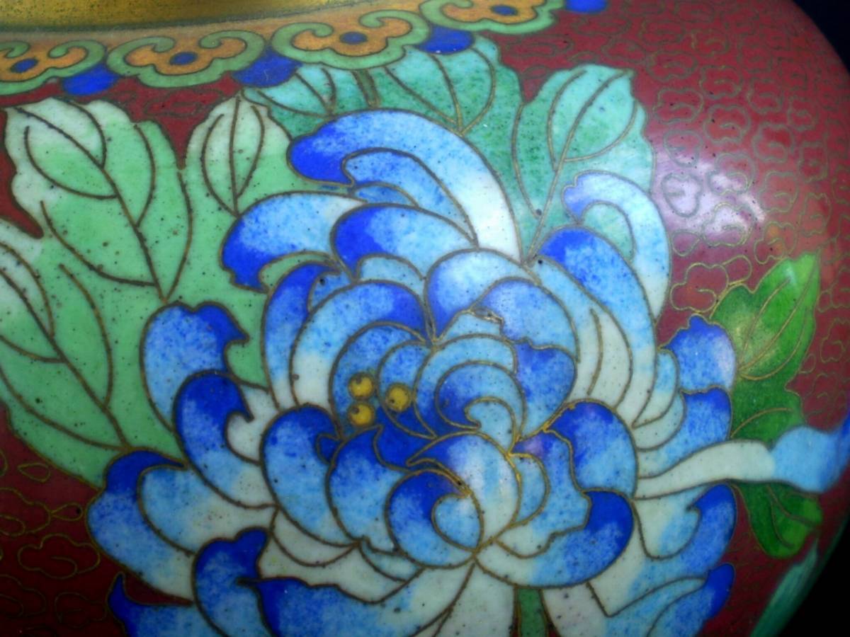 JINGFA ジンファ 中国七宝 中国美術 七宝焼き 蝶・青い菊図 花瓶/花