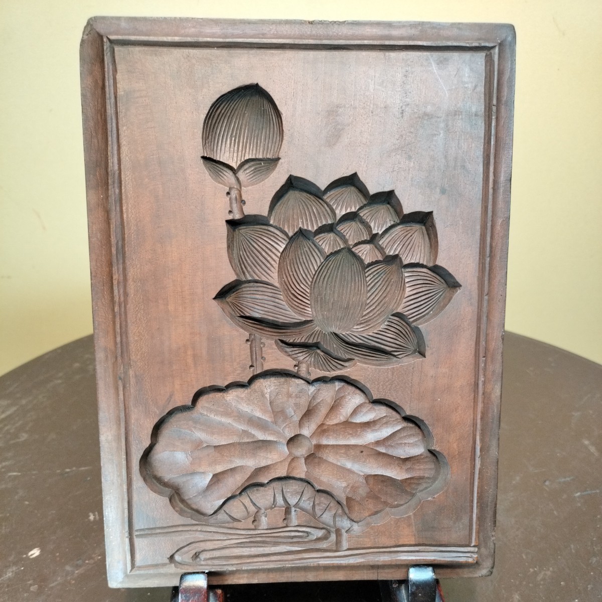 戦前/蓮華/蓮の花/和菓子/木型/干菓子/落雁/木製彫刻/製菓型/菓子型/縦約23.7センチ/横幅約17.6センチ/仙台/アンティーク/元木貞助