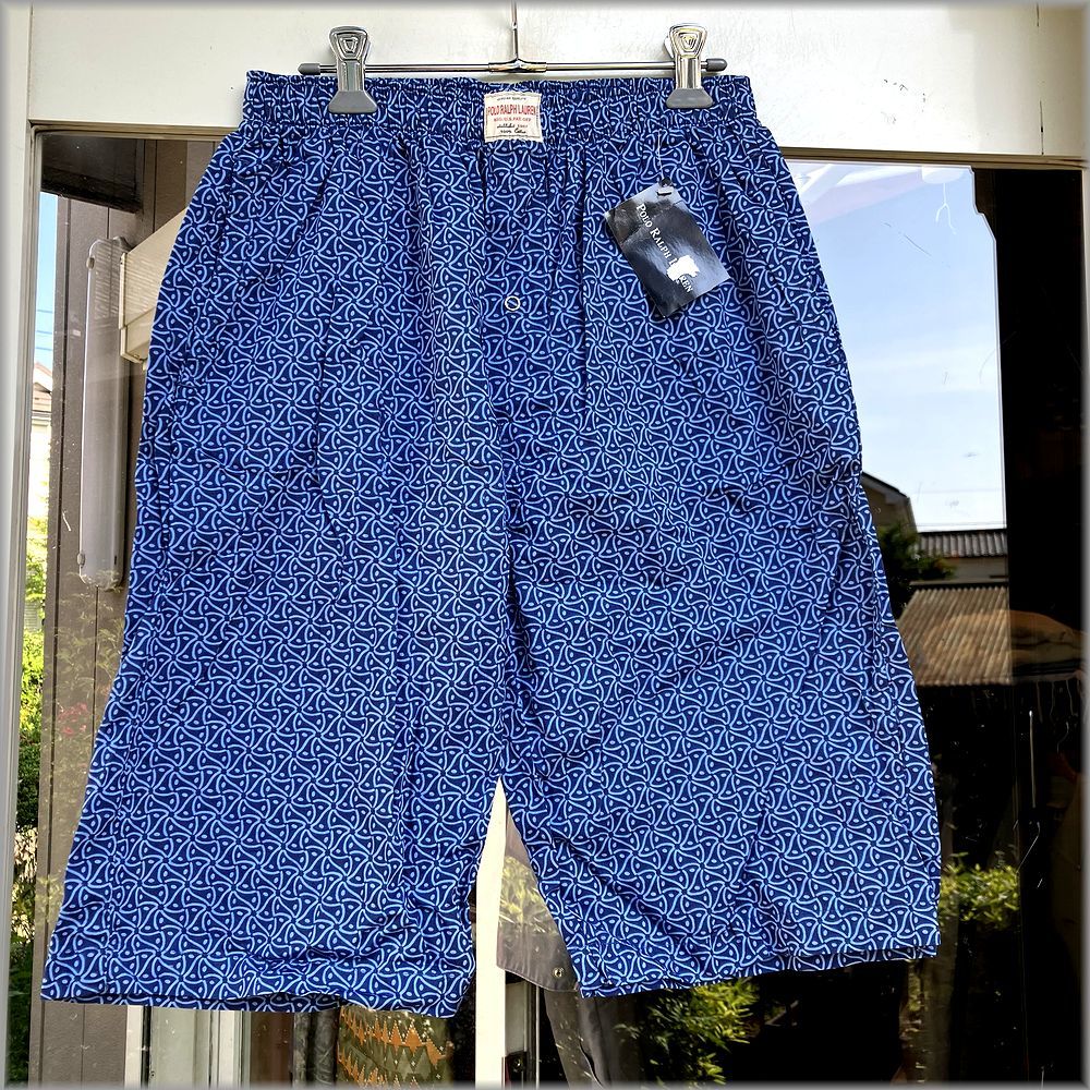 ★ポロ　ラルフローレン　デッドストック　90s　ハーフパンツ　ショートパンツ　S　柄物　青★検 ビンテージ イージー パジャマ ショーツ
