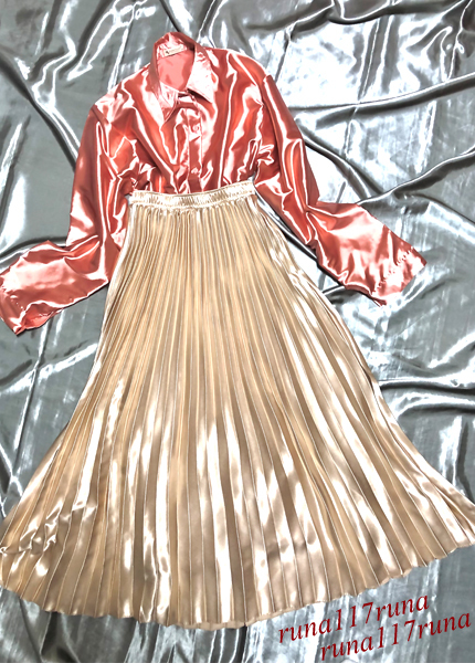 大きいサイズ メンズ様 超光沢サテン 超ツルツル 超すべすべ ブラウス＆スカート プリーツ ロング ゴールド 清楚 女装 衣装 フェチ♥