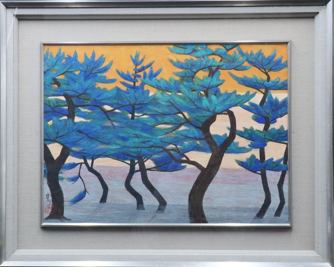 青の湖畔 風景版画 57/85 直筆サイン 額装（783-2） Yahoo!オークション 日本画 真作 江尻治泰『山村風景図』出展 真作保証