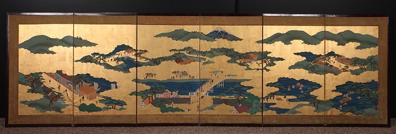 委託HK◇時代 東海道図小屏風六曲一双 木箱付 (東海道 東海道五十三次 