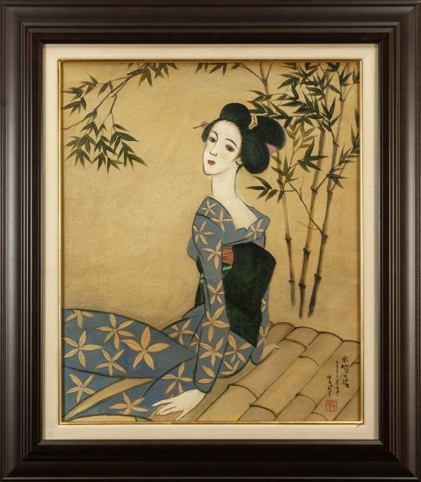 ○竹久夢二○油絵 手描き《水竹居》表サイン(印譜) 斎藤真一鑑定シール
