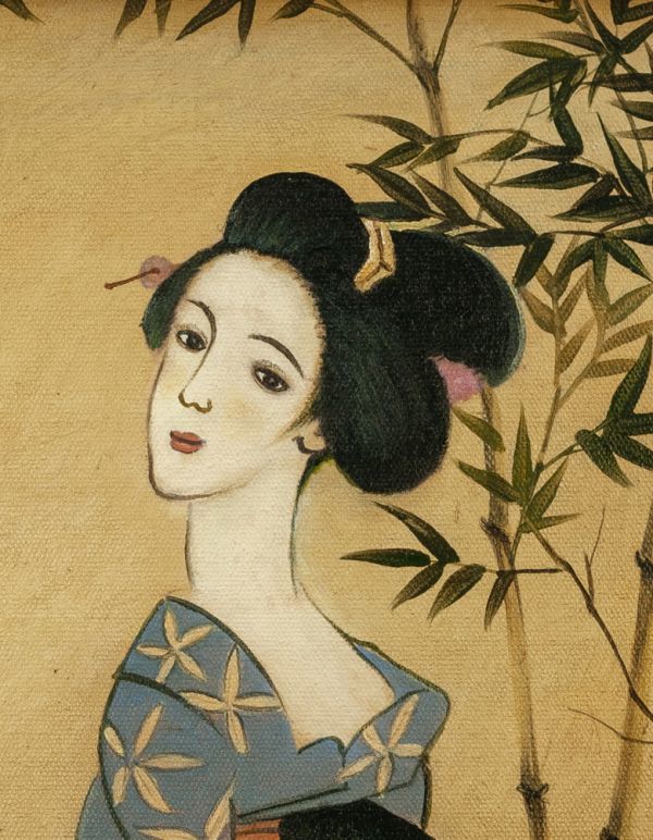 ○竹久夢二○油絵 手描き《水竹居》表サイン(印譜) 斎藤真一鑑定シール