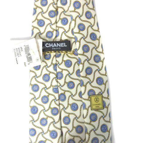 未使用品 シャネル CHANEL タグ付き ネクタイ シルク100％ チェーン ココマーク チャーム アイボリー ブルー NGA35 メンズ