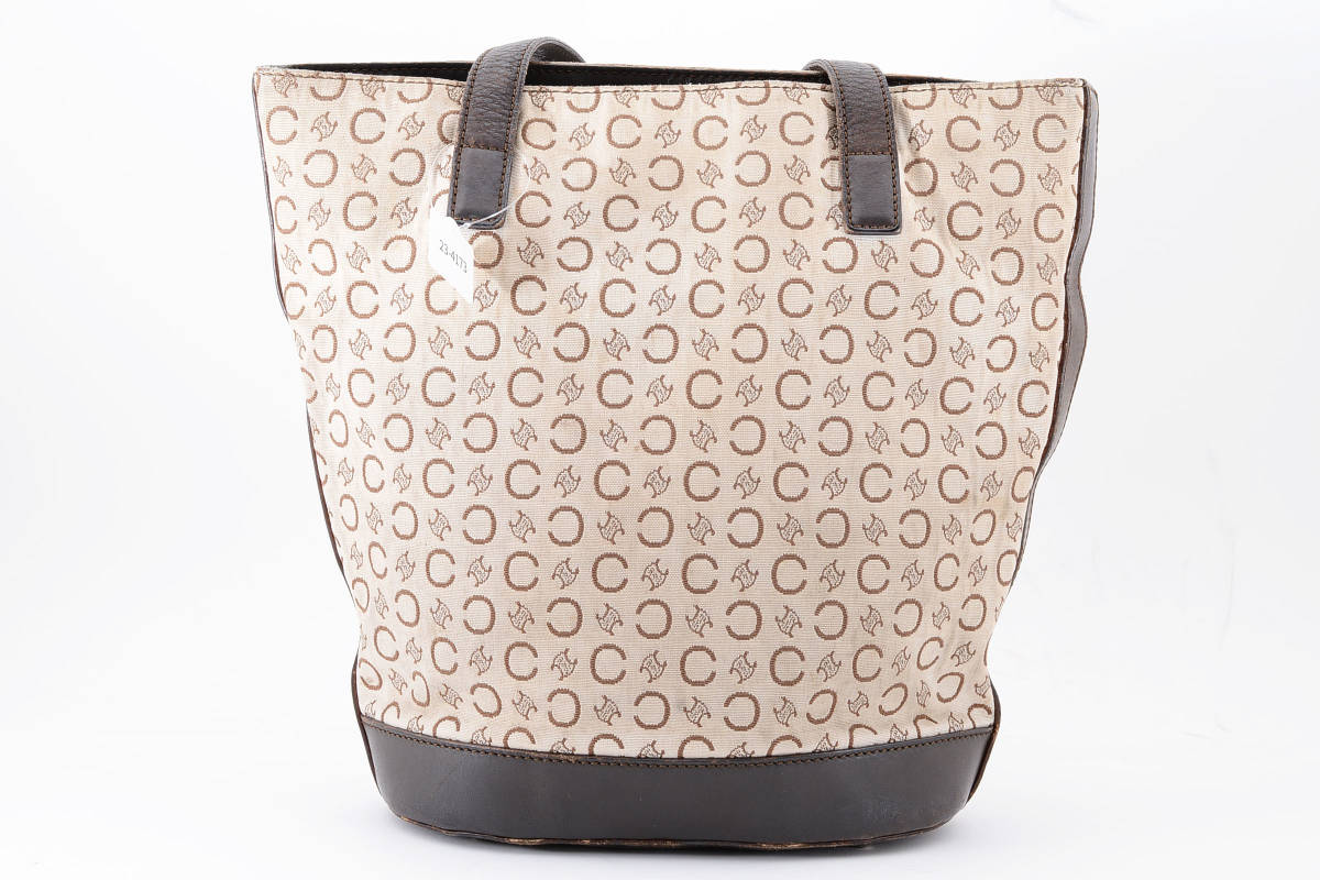 CELINE マカダム トートバッグ キャンバス レザー ベージュ＆ホワイト